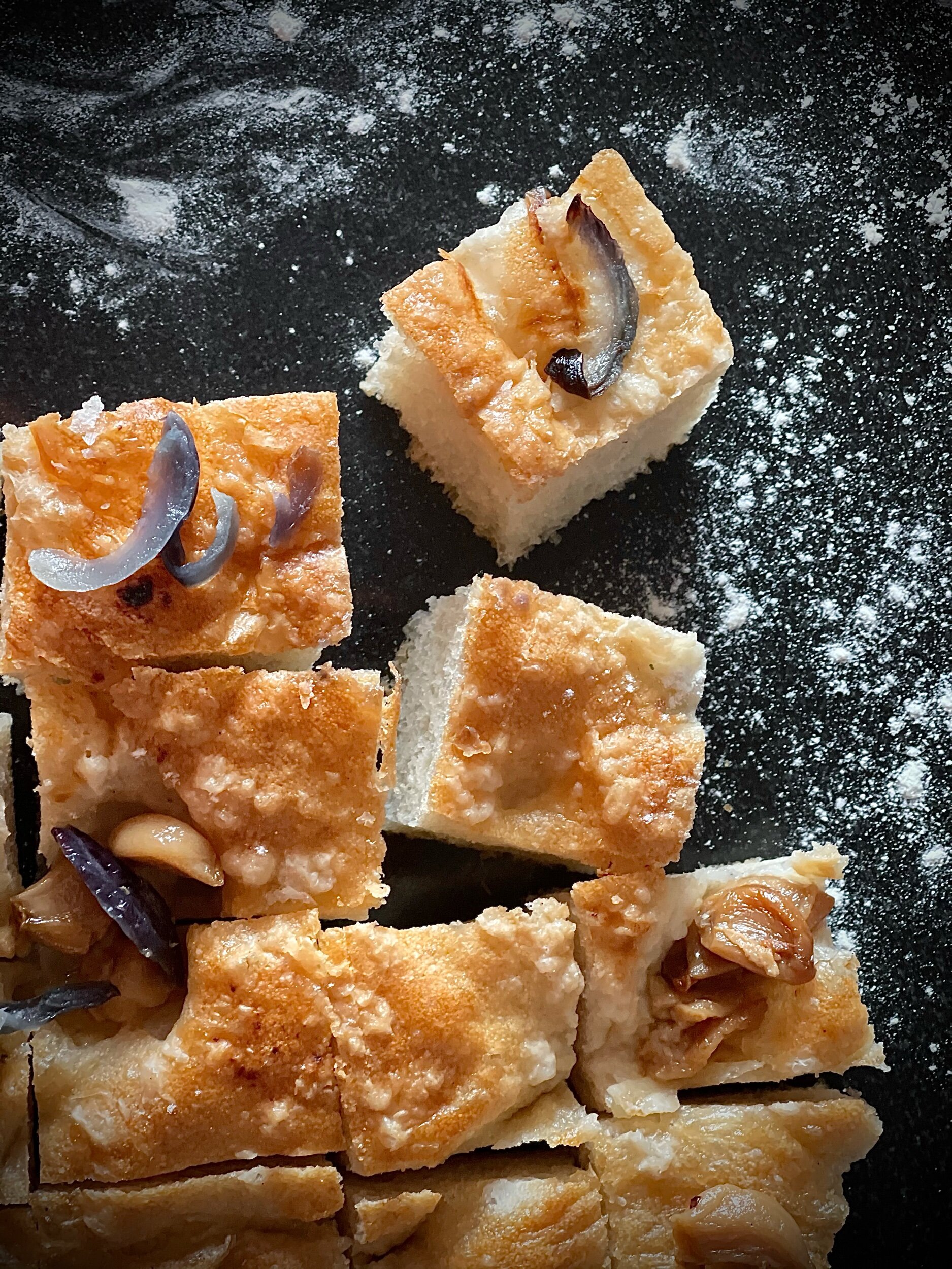 Focaccia  bread with caramelised  onions