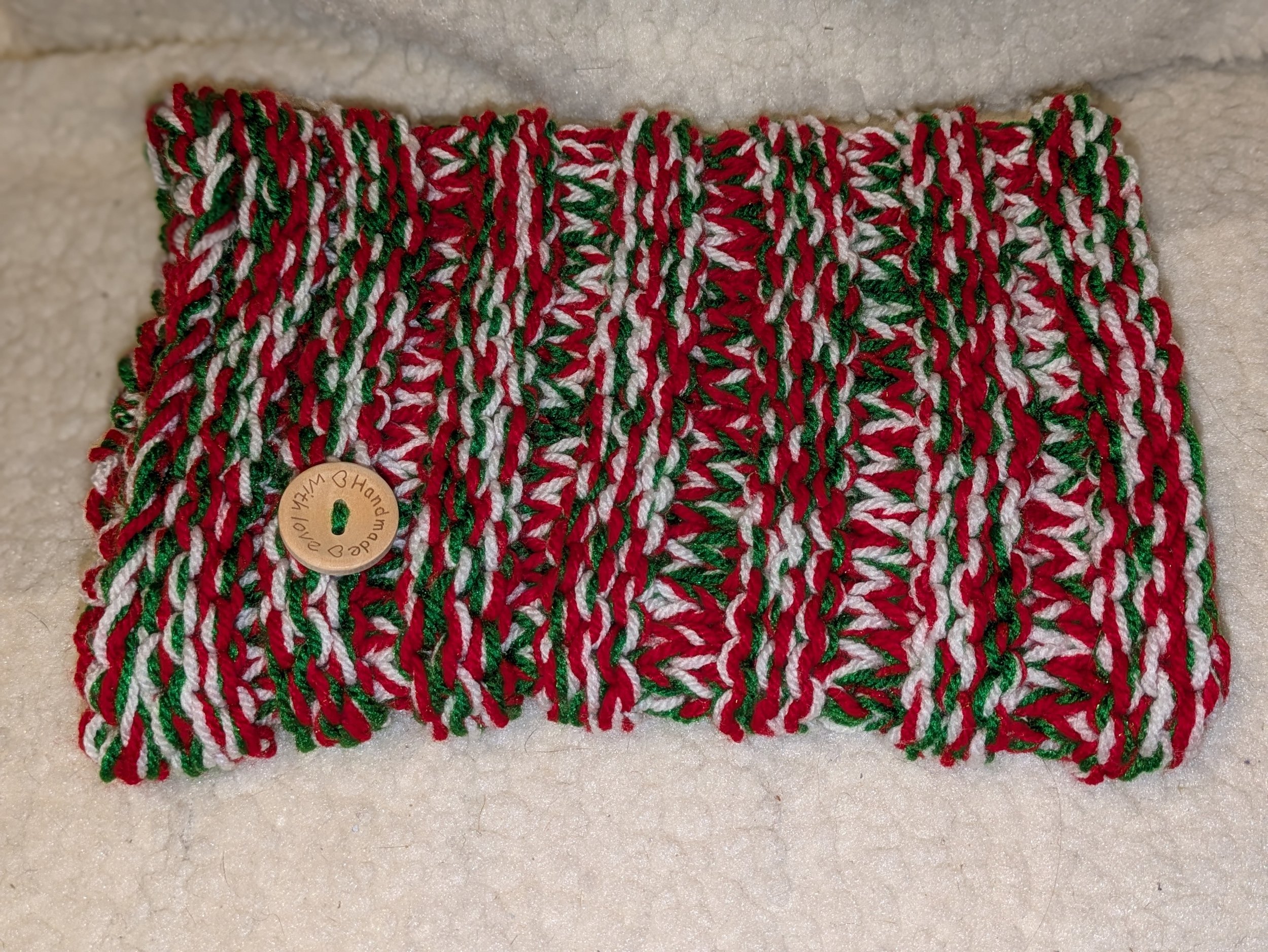 1. Hand knitted red/green chunky snood