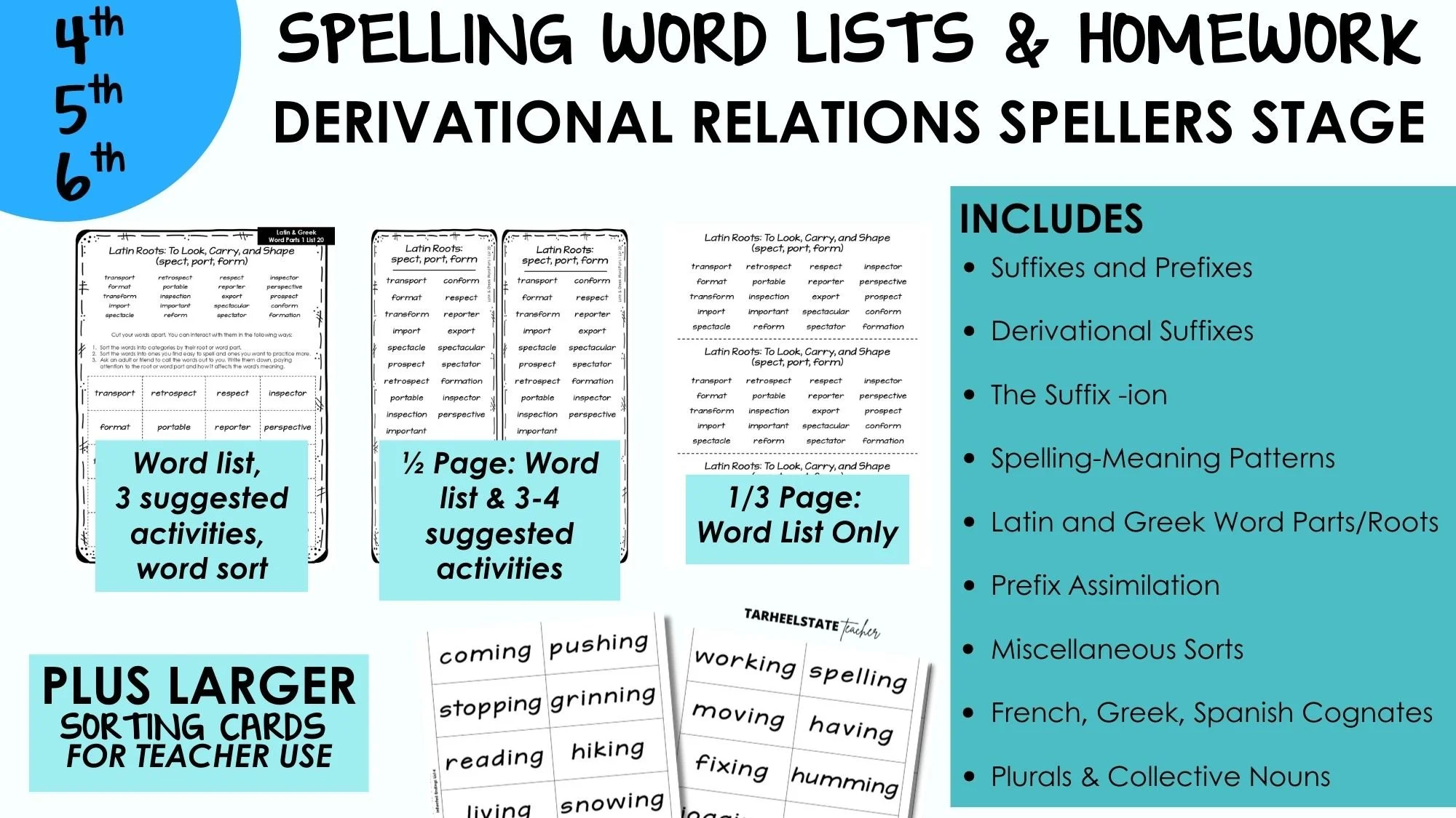 4th grade 5th grade 6th grade spelling word lists and spelling homework aligned to Words Their Way Derivational Relations word lists