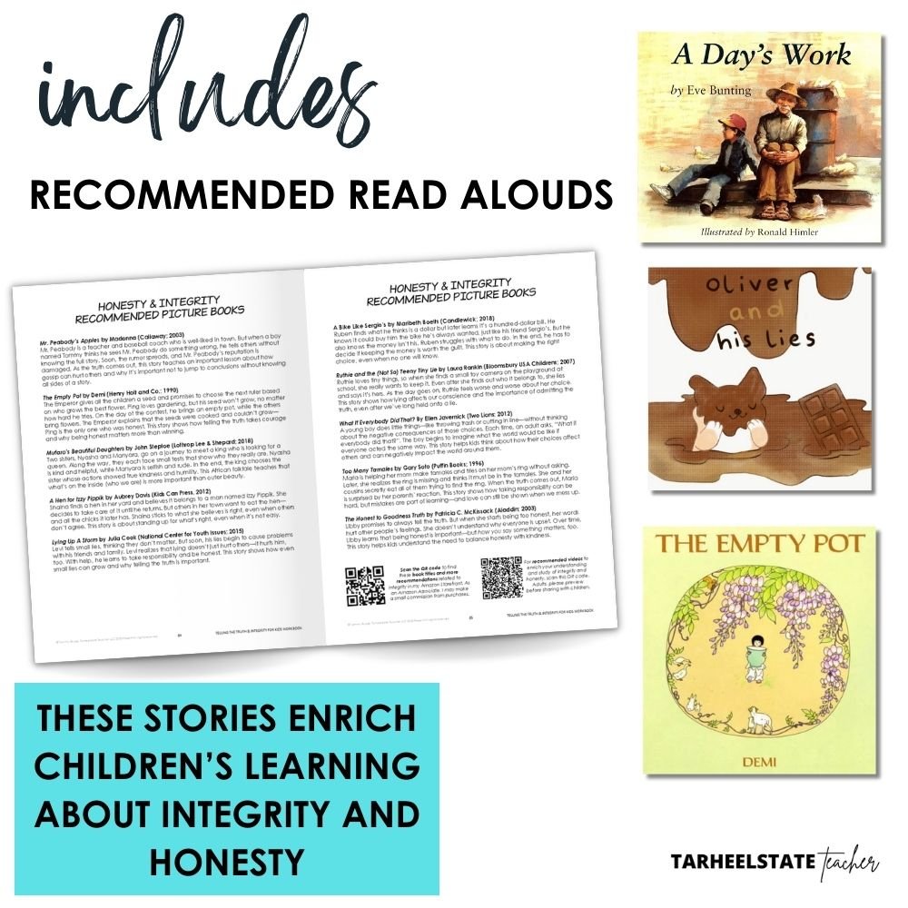 This teaching kids about integrity workbook includes recommended integrity books that pair perfectly with the integrity lessons and honesty activities