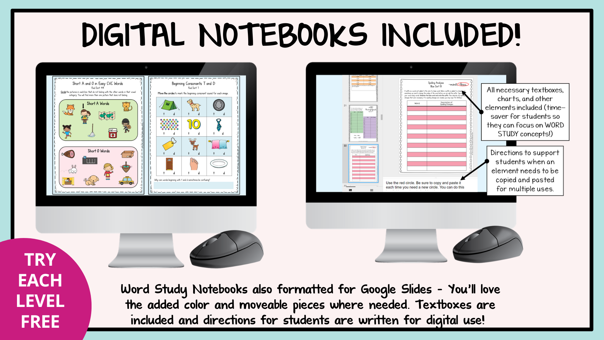 Examples of the digital notebook activities included in every level of Words Their Way Word Study Notebooks