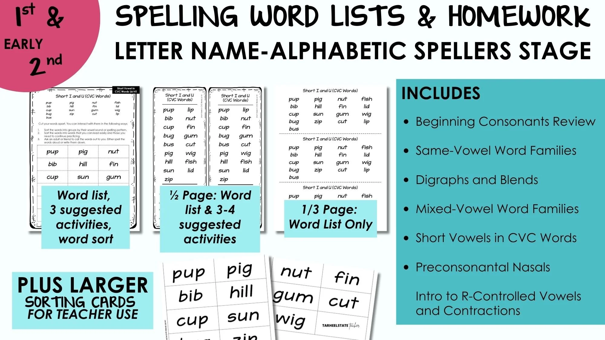 1st grade 2nd grade spelling word lists and spelling homework aligned to Words Their Way Letter Name Alphabetic word lists