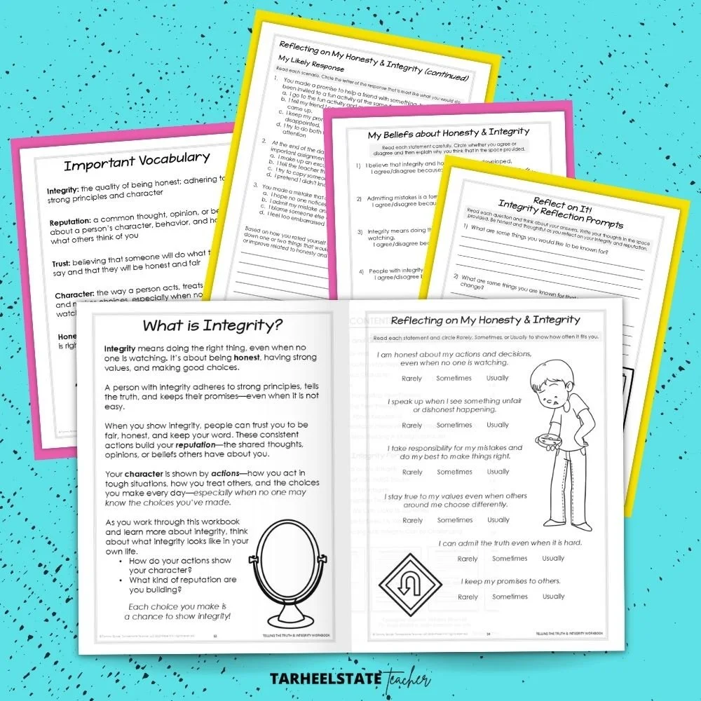 an integrity and honesty character-building workbook for kids that helps them understand why lying is bad and why honesty is important
