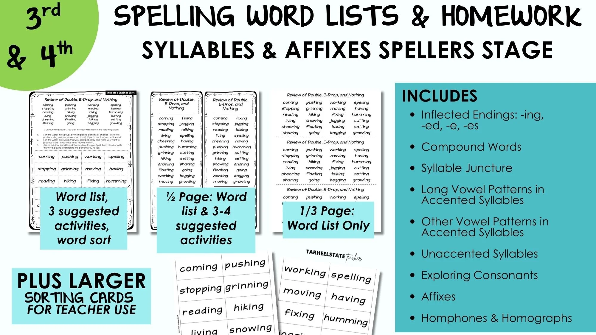 3rd grade 4th grade spelling word lists and spelling homework aligned to Words Their Way Syllables and Affixes word lists