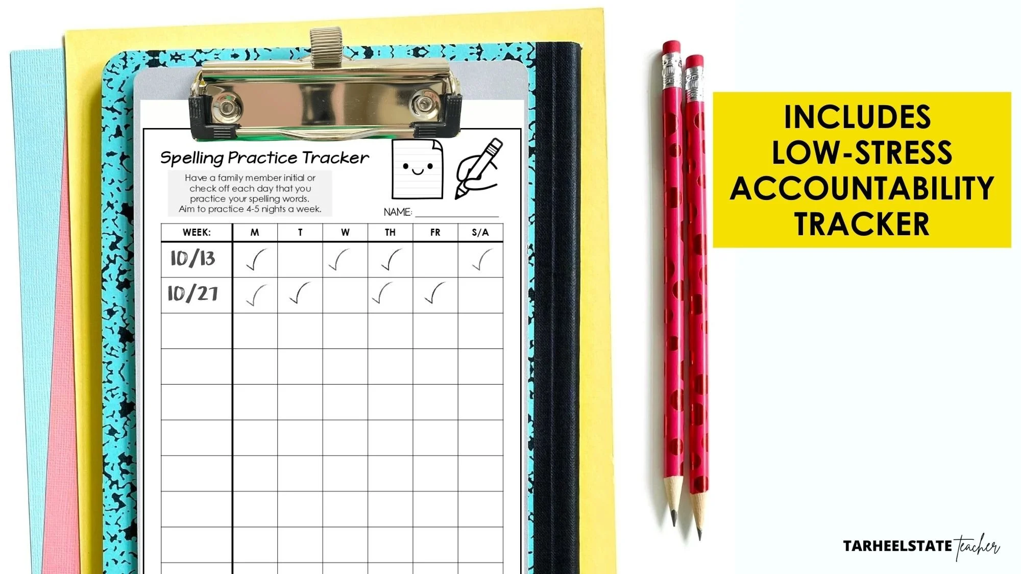 spelling homework checklist; easy stress free spelling homework with printable spelling word lists, spelling homework activities, and set up tips done for you