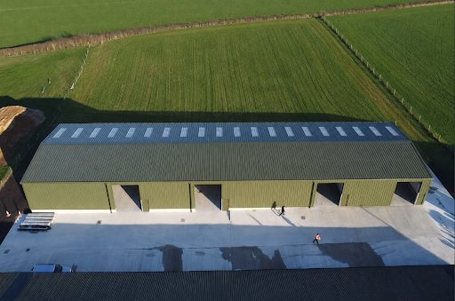 Aerial view of green agricultural barn with skylights in countryside.