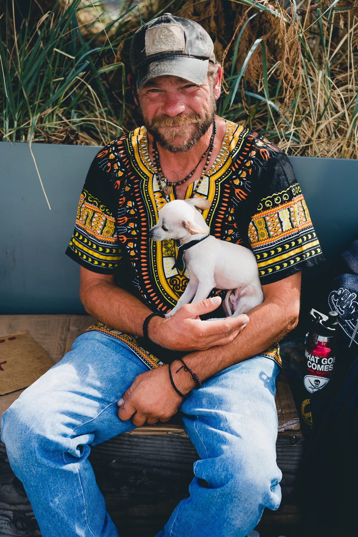 Homeless Man and His Dog, Seattle, United States, July 2017