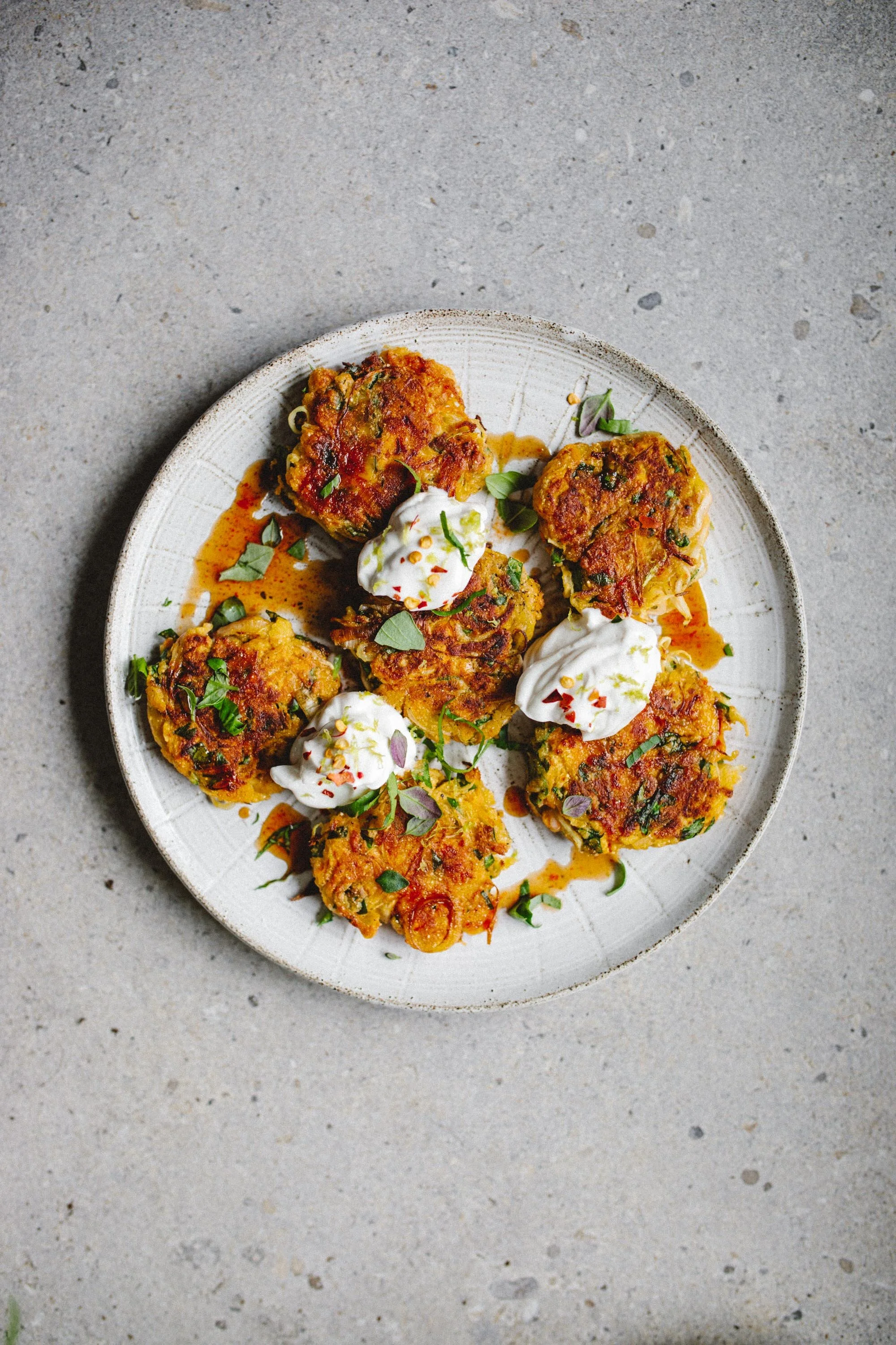 Okonomiyaki Fritters w Chili Sauce & Oat Yoghurt, May 2021