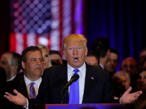 Donald Trump with Gov. Chris Christie of New Jersey during Trump's five-state primary-night rally held at Trump Tower in New York City on Tuesday. REUTERS/Lucas Jackson