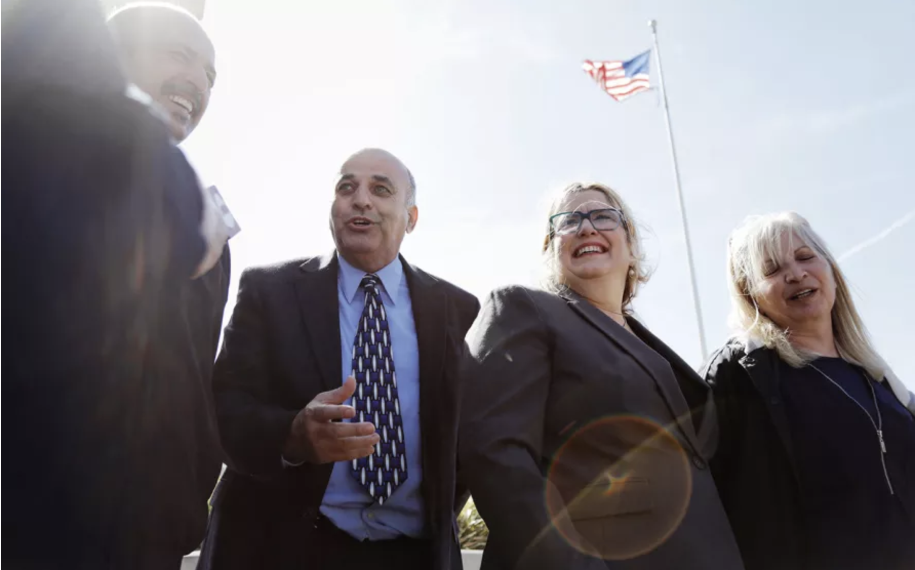 Family members and spokespeople of Noor Salman, the widow of the Pulse Nightclub gunman, speak with members of the media outside a federal courthouse following her acquittal in Orlando on March 30, 2018. (Reuters / Joey Roulette)