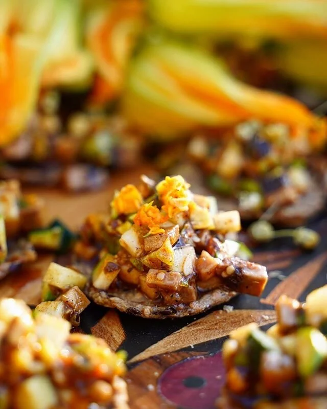 Summer Squash Blossom Tostadas~ These little tostadas en dos maneras, in two ways Sweet &amp; Savoury&mdash;
The sweet version combines chopped raw blossoms with strawberries and heirloom tomatoes to offer a juicy, summery mouth explosion of flavor. 