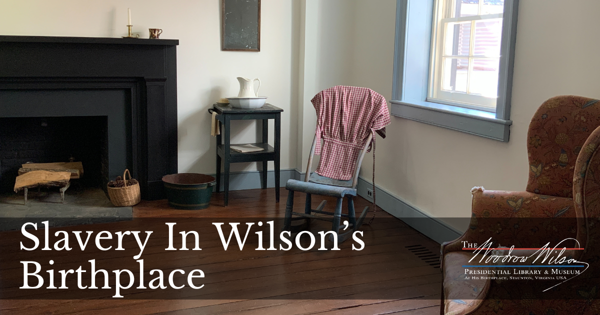 image of the enslaved room at the Woodrow Wilson Presidential Library & Museum that contains a chair, a wash basin, and the fireplace.