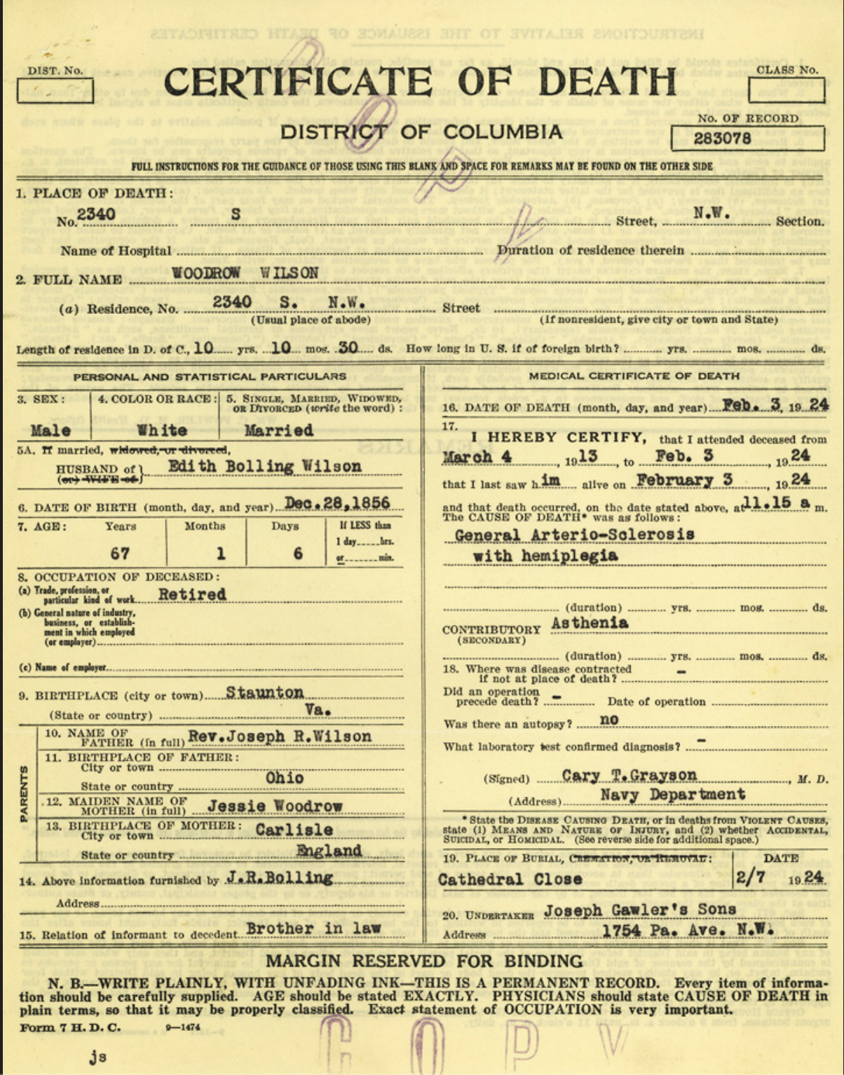 Woodrow Wilson's Death — Woodrow Wilson