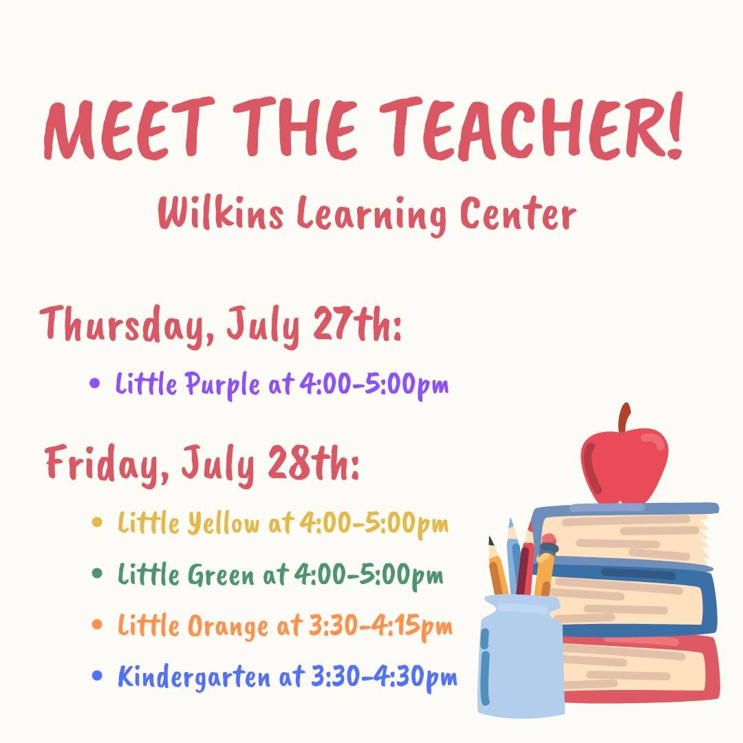 Meet the teacher is THIS week! We are beyond excited to see all your sweet faces and welcome new faces 🥰 

Take note of the schedule above, dates and times are different depending on the class you're in. 

Reminder: Preschool and Summer camp will ha