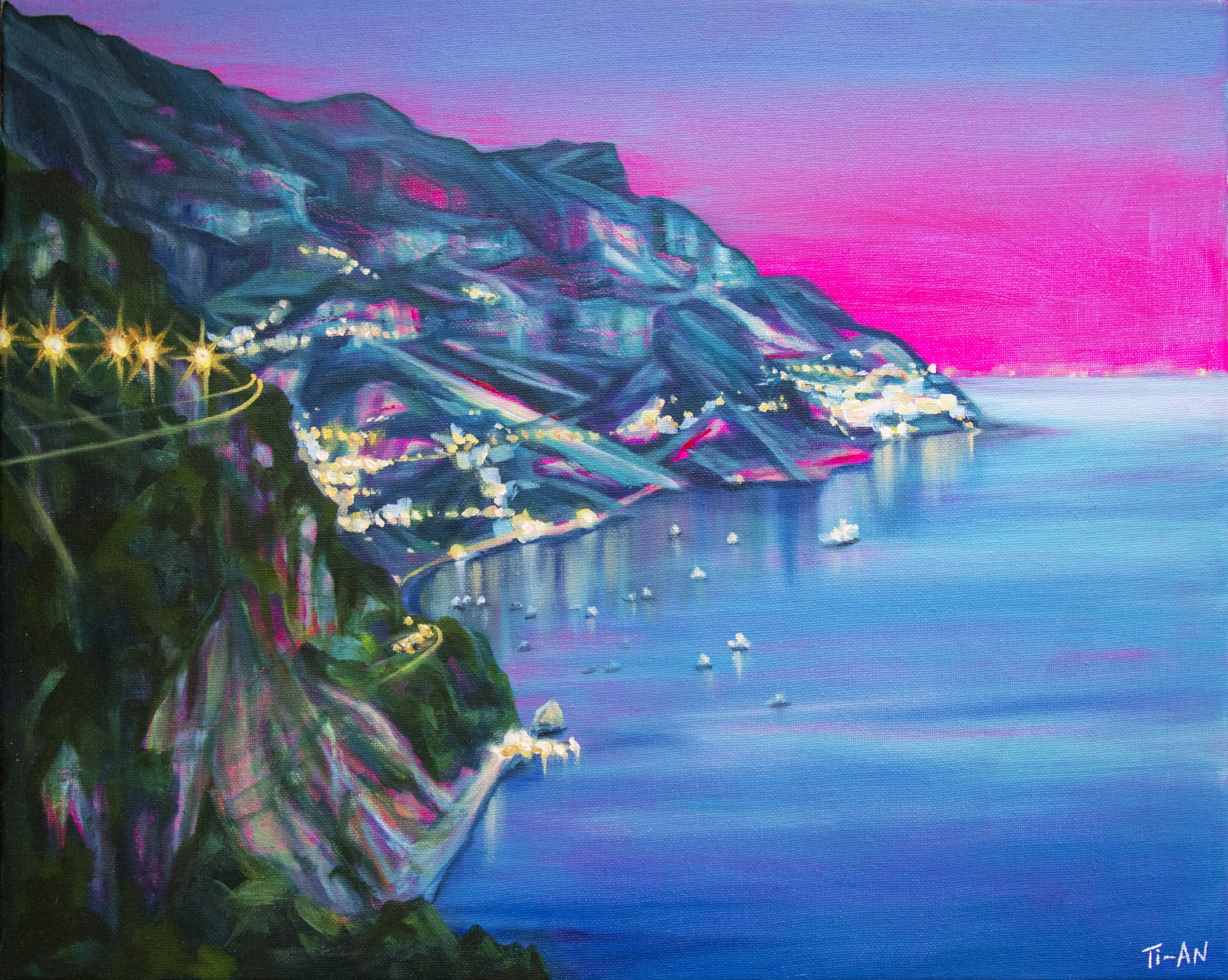 Approaching Positano at Dusk 16x20, oil and acrylic on canvas 2017