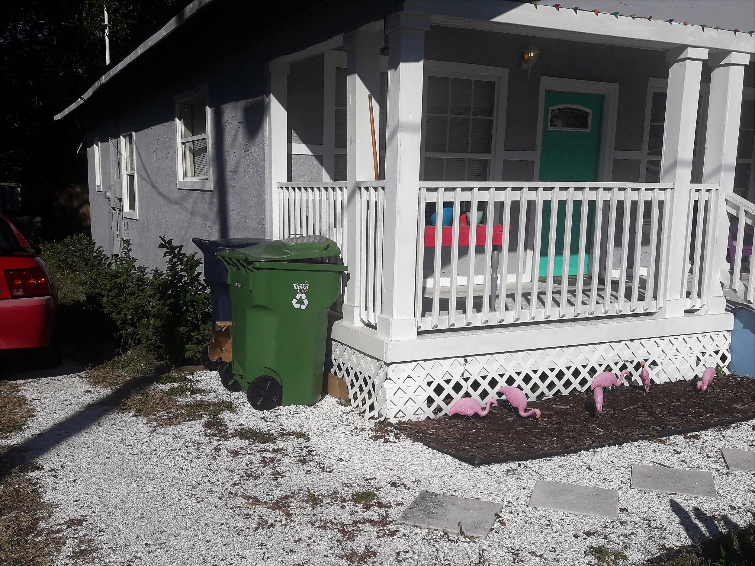 Being a home studio, you’ll also see. . . my recycling bin! * GASP! * I know, I know, it’s terrible. I also hate weeding or using chemicals, so the weeds usually win, pardon my lack of gardening skills!