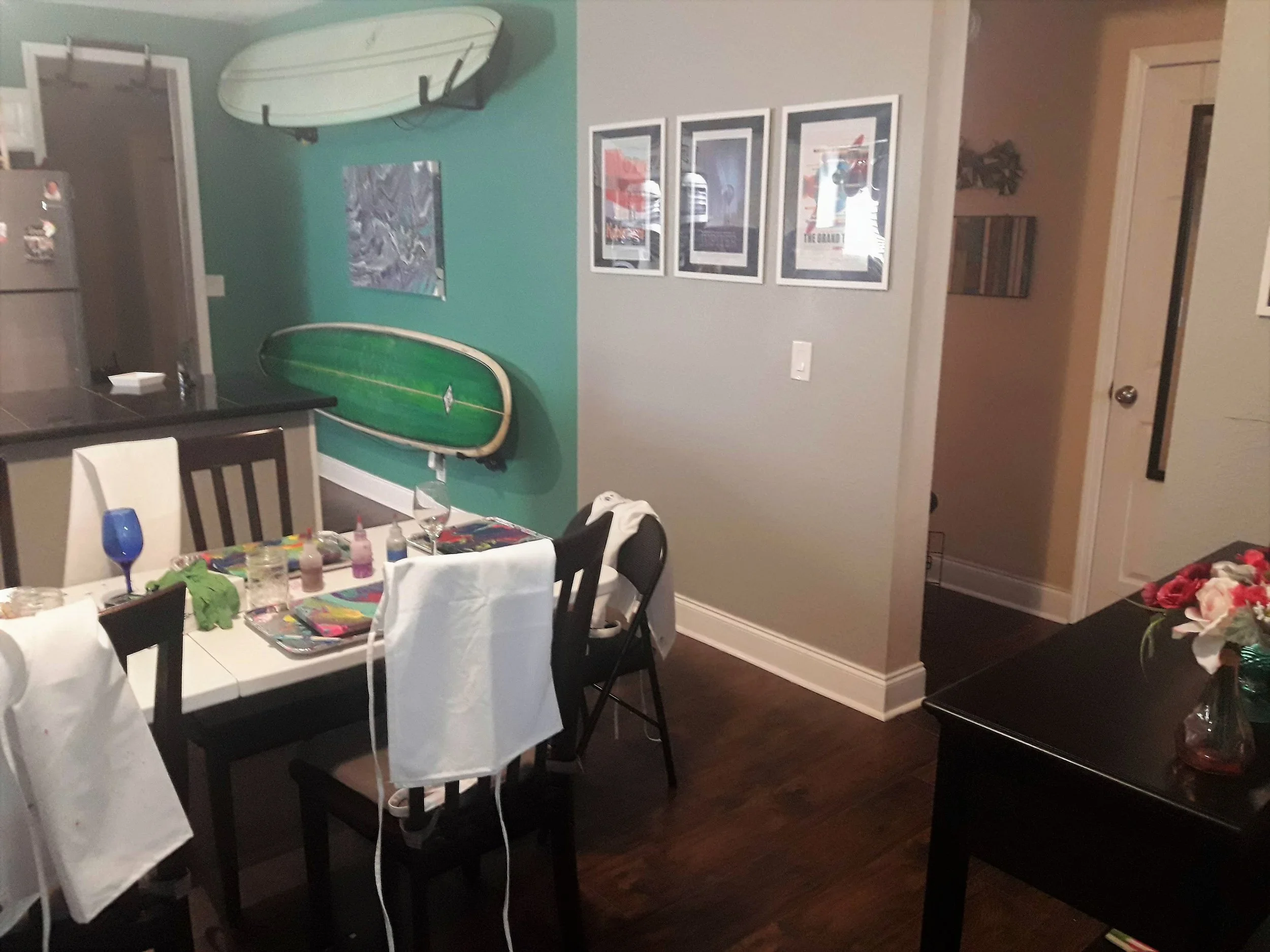 More of the home-i-ness that makes these classes that much more fun - surfboards in the kitchen! Each class is welcome to use our wine glasses or surplus of coffee mugs (we’ve even got a Keurig with reusable K-cup!). Just BYOBeverage!
