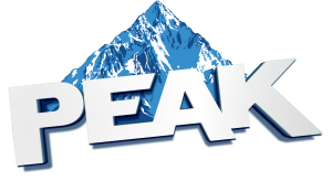 Peak antifreeze logo with gray Peak letters and Blue mountain behind it.