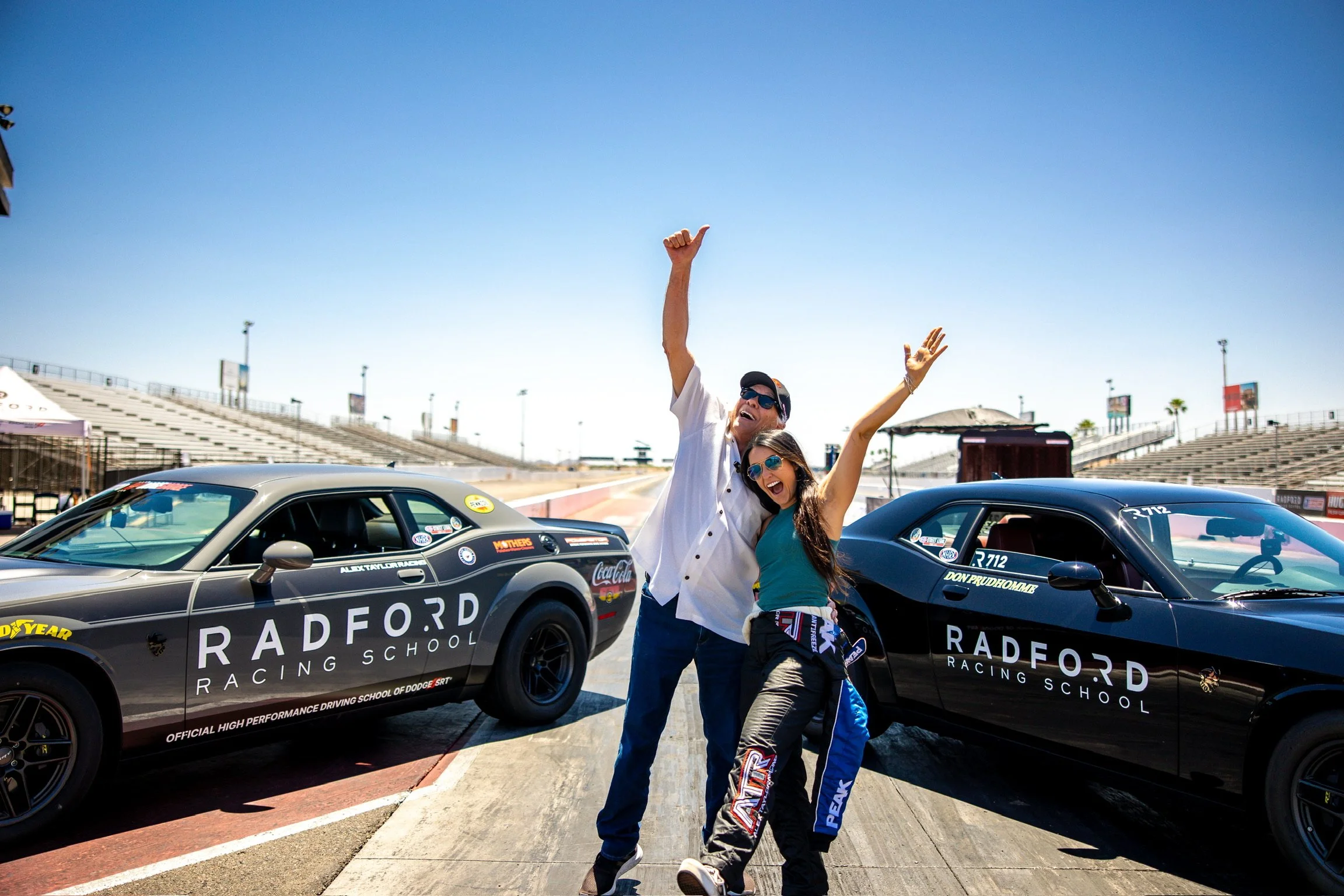 Alex Taylor and Don Prudhomme with Radford Racing School Cars after earning their NHRA Street Legal Licenses