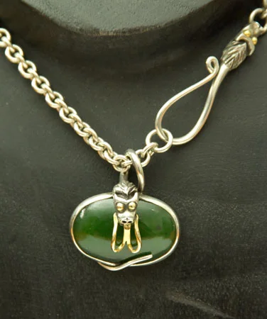 Silver Dragon Pendant ◊ 18K Gold Accent ◊ Nephrite Jade