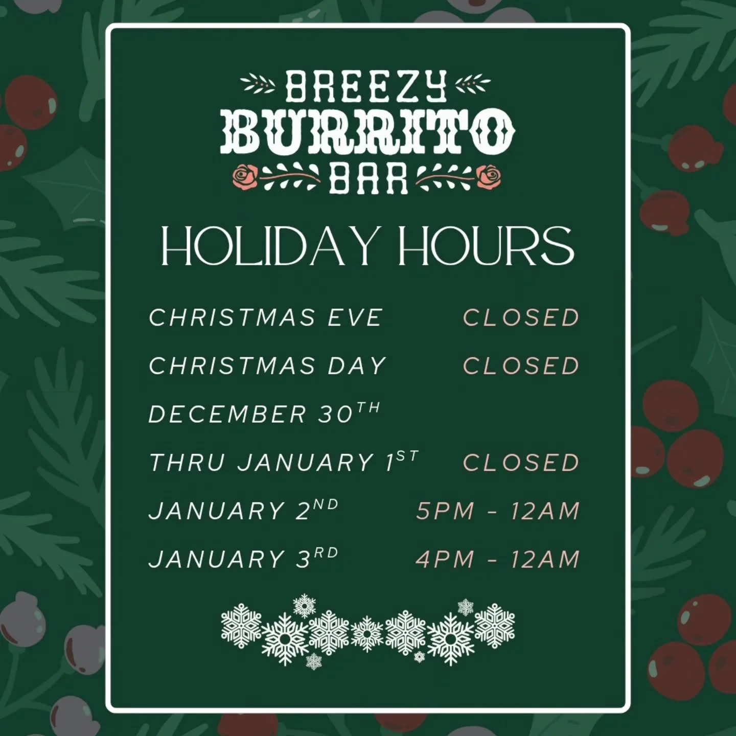 Holiday Season Hours! 
We are open today at 5pm ✨️ thrn we will see you after Christmas! Happy Holidays from ours to yours.