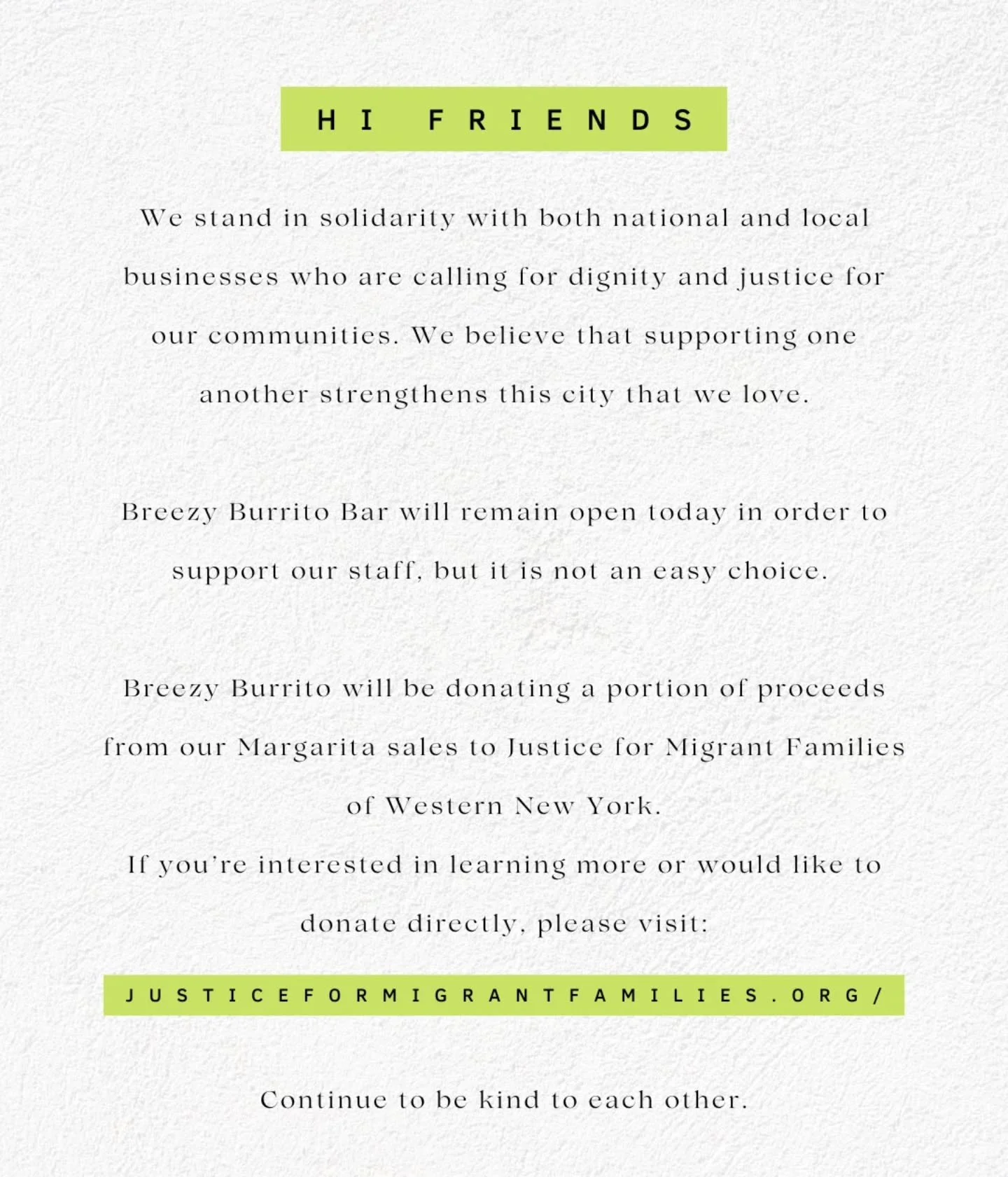 Breezy Burrito will be open today and donating a portion of proceeds to @jfmfofwny, if looking for a cause to support, please consider them. 

💚💙💛🖤🤍