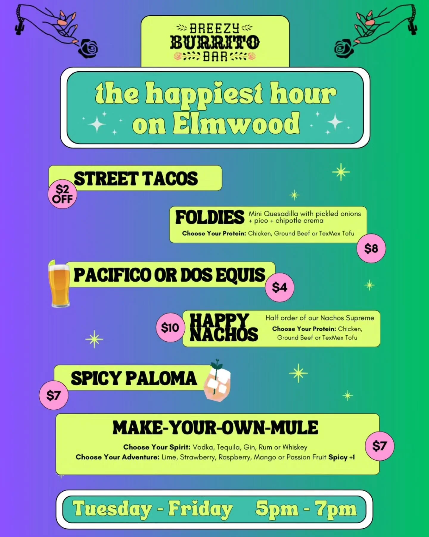 Looking to add a little joy to your weekday? 

We have added some new Happiest Hour ✨️ menu items for 2026! 

Happy Nachos and Foldies are new happy hour sized portions of our loved Nachos Supreme and quesadillas - pair with a mule made your way with