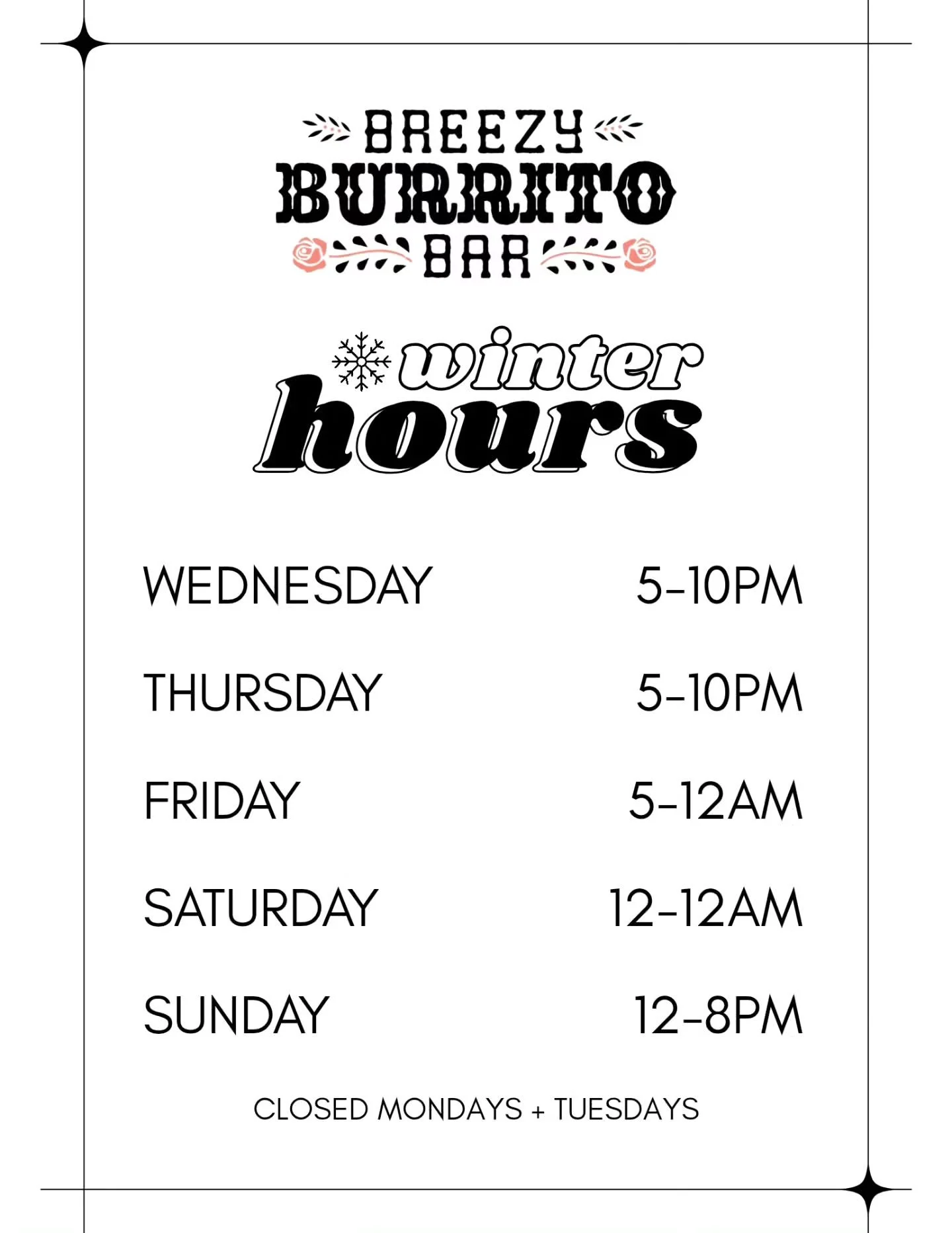 Starting this week, we are switching to our winter hours! Come see us Wednesday - Sunday! 

Food delivery services will be available Wed - Sundays. 

🌮🌮🌮