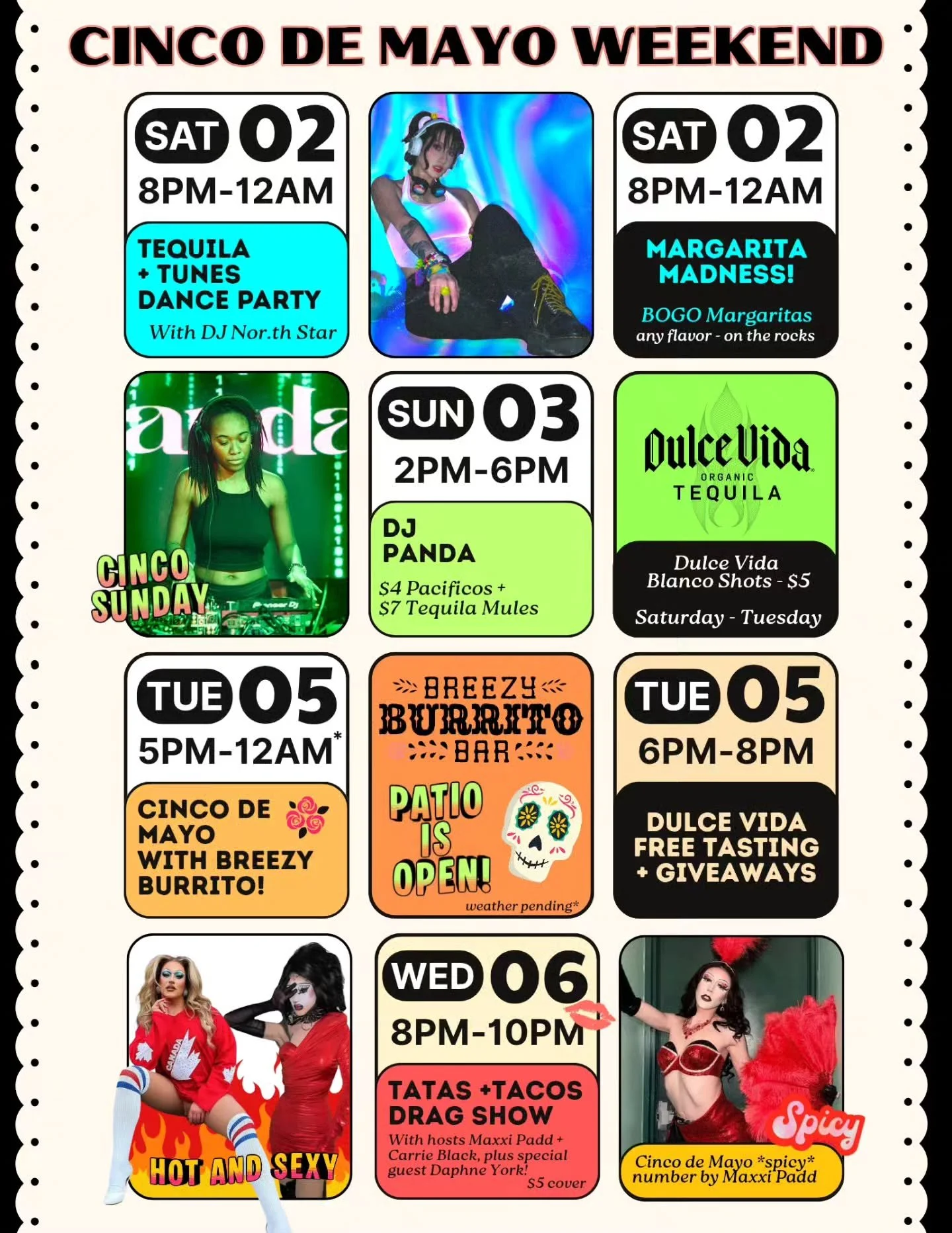 Our favorite holiday is approaching and qe are doing it BIG! 🎊

From BOGO margaritas, live DJ sets, Tequila tastings + specials from our friends at @dulcevidatequila and a  spicy drag show, this will be the place to be. 

Happy Cinco de Mayo!