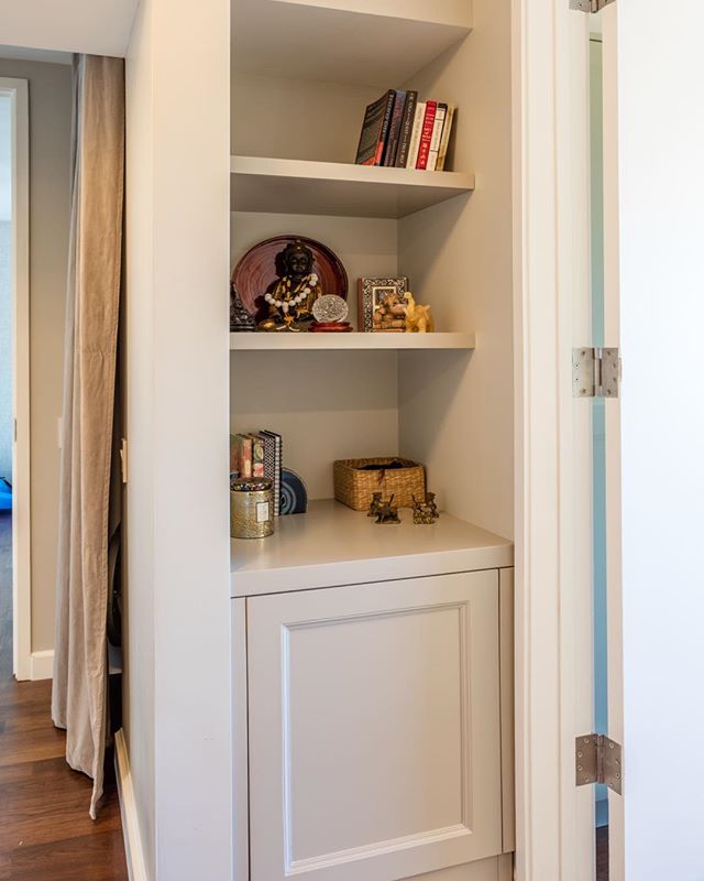 Make use of that nook or wired open space that most New York City apartments have! Storage is always needed. (This is a cabinet we made to fit into a nook that was left empty, we build opened shelves above it to not make feel too bulky)
&bull;
&bull;