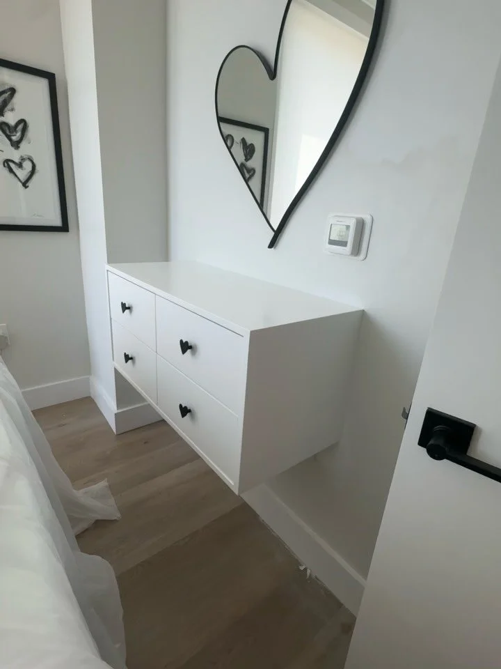 Today's install. Custom floating bedroom cabinet with drawers and entrance way shoe cabinet.
