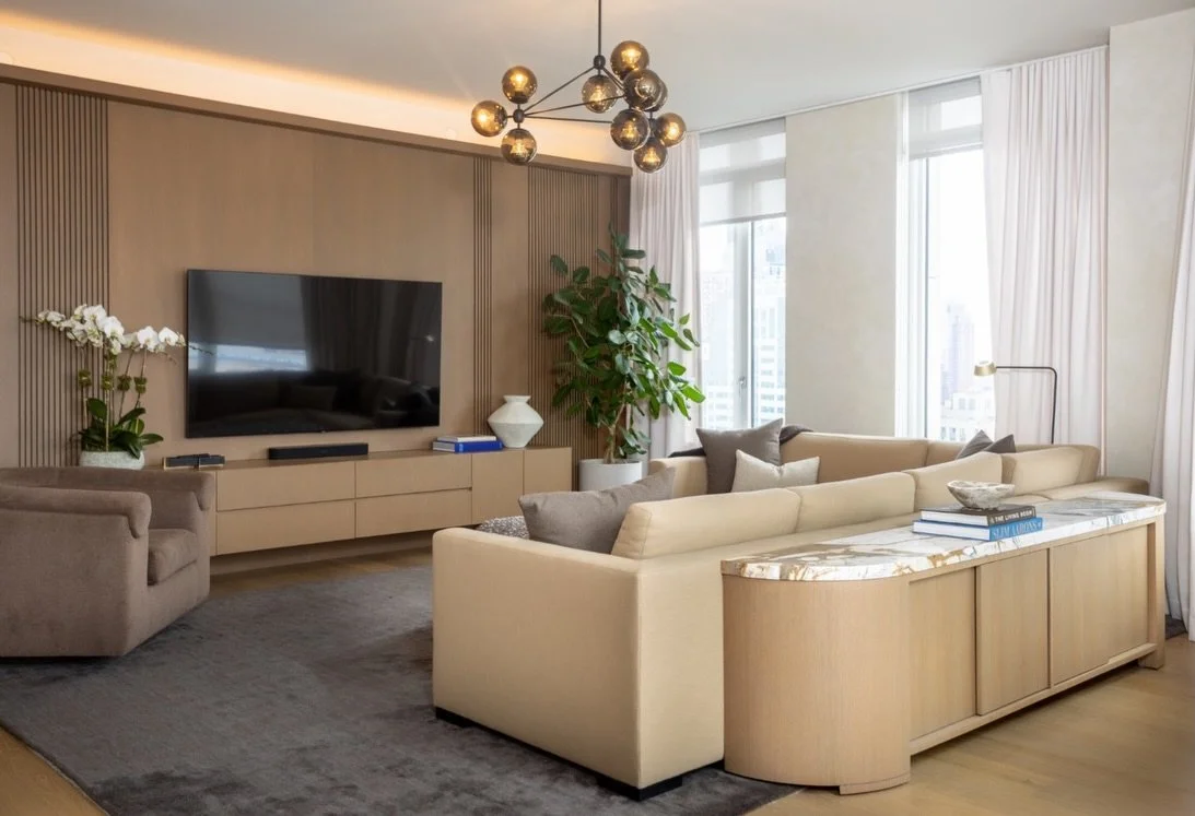 Our 1 Clinton st project photographed. Built ins, credenza, and custom entrance table all done by us!