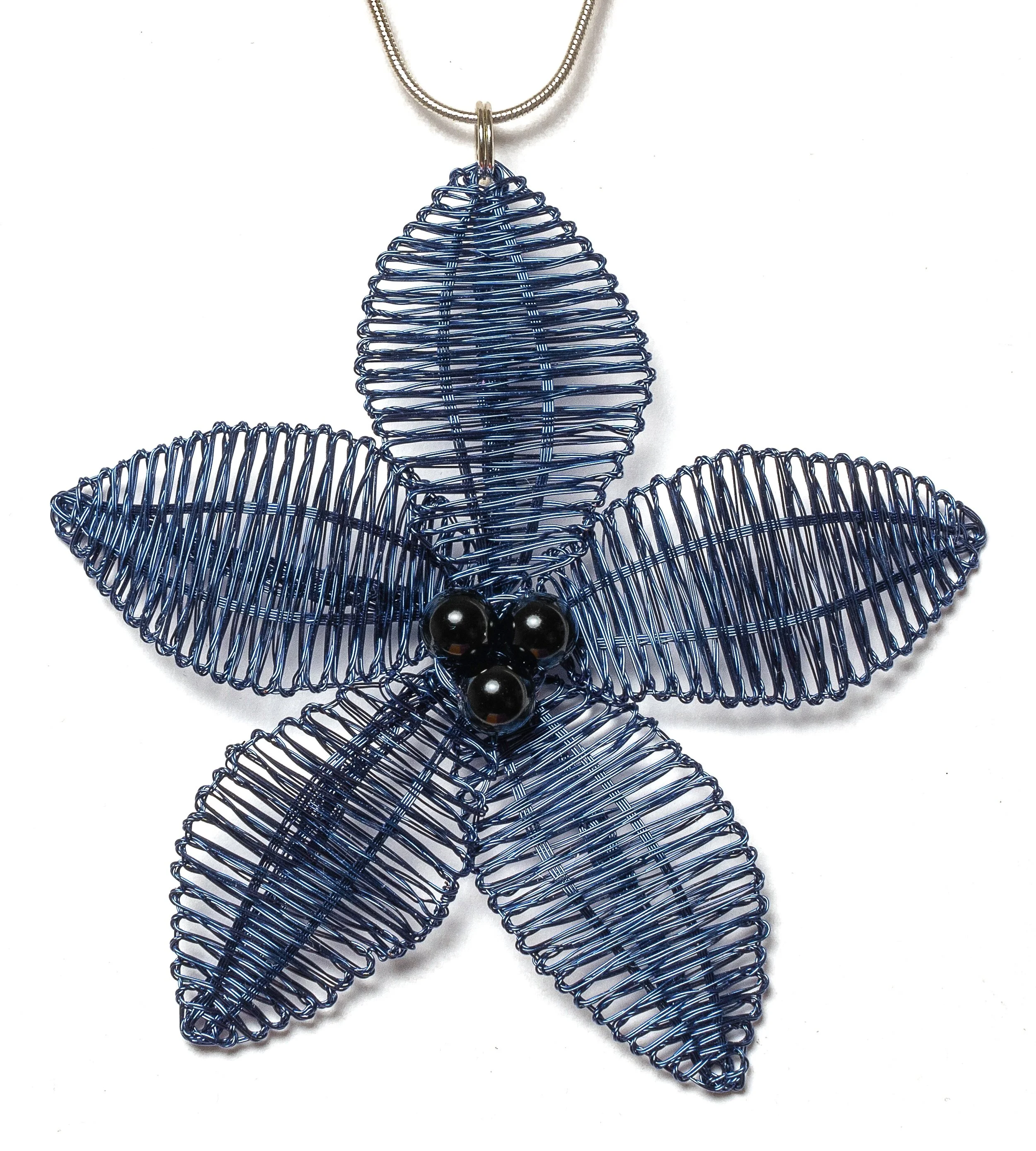 Woven Fantastical Flower Pendant - Blue flower with black onyx