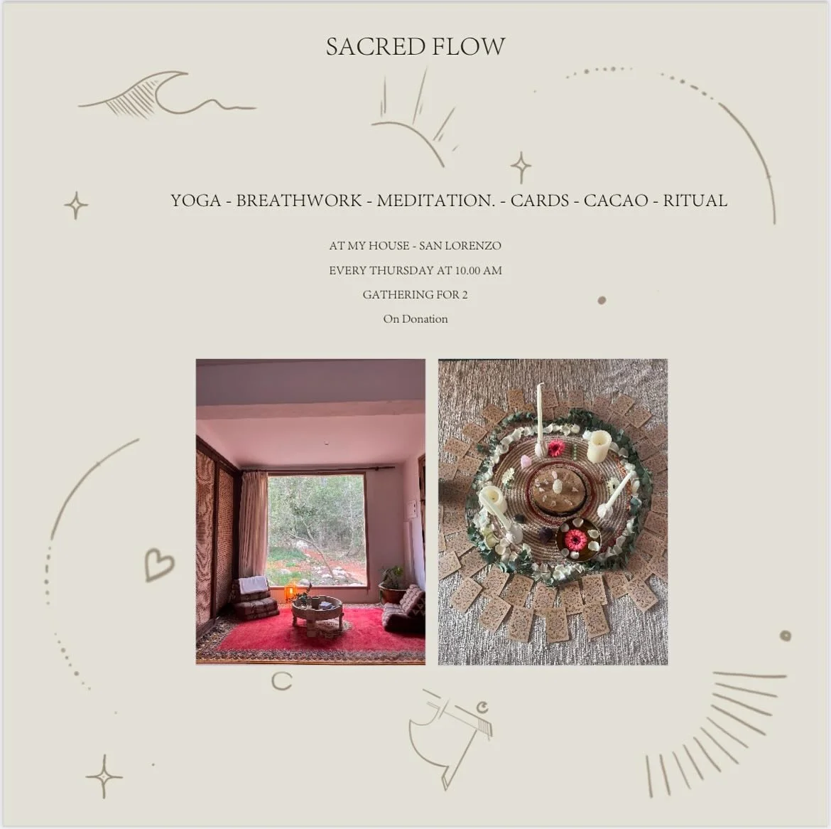 I&rsquo;m opening the doors of my home every Thursday to invite you into a sacred space of connection, healing, and flow. Sacred Flow is an intimate gathering for two, where we weave together yoga, breathwork, meditation, oracle cards, cacao rituals,