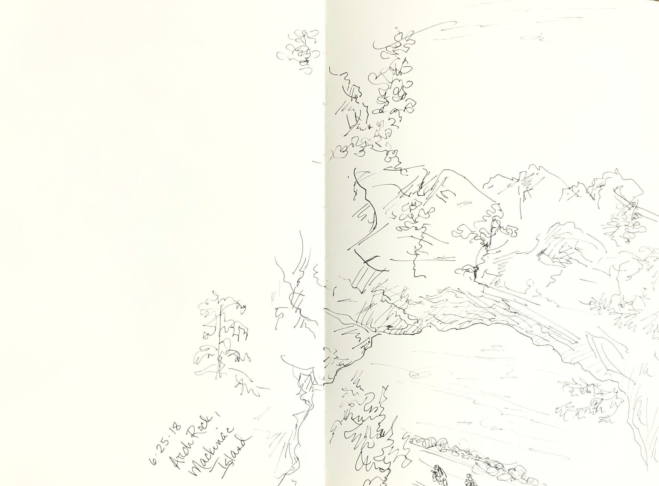 Arch Rock sketch with cyclists and water in the distance