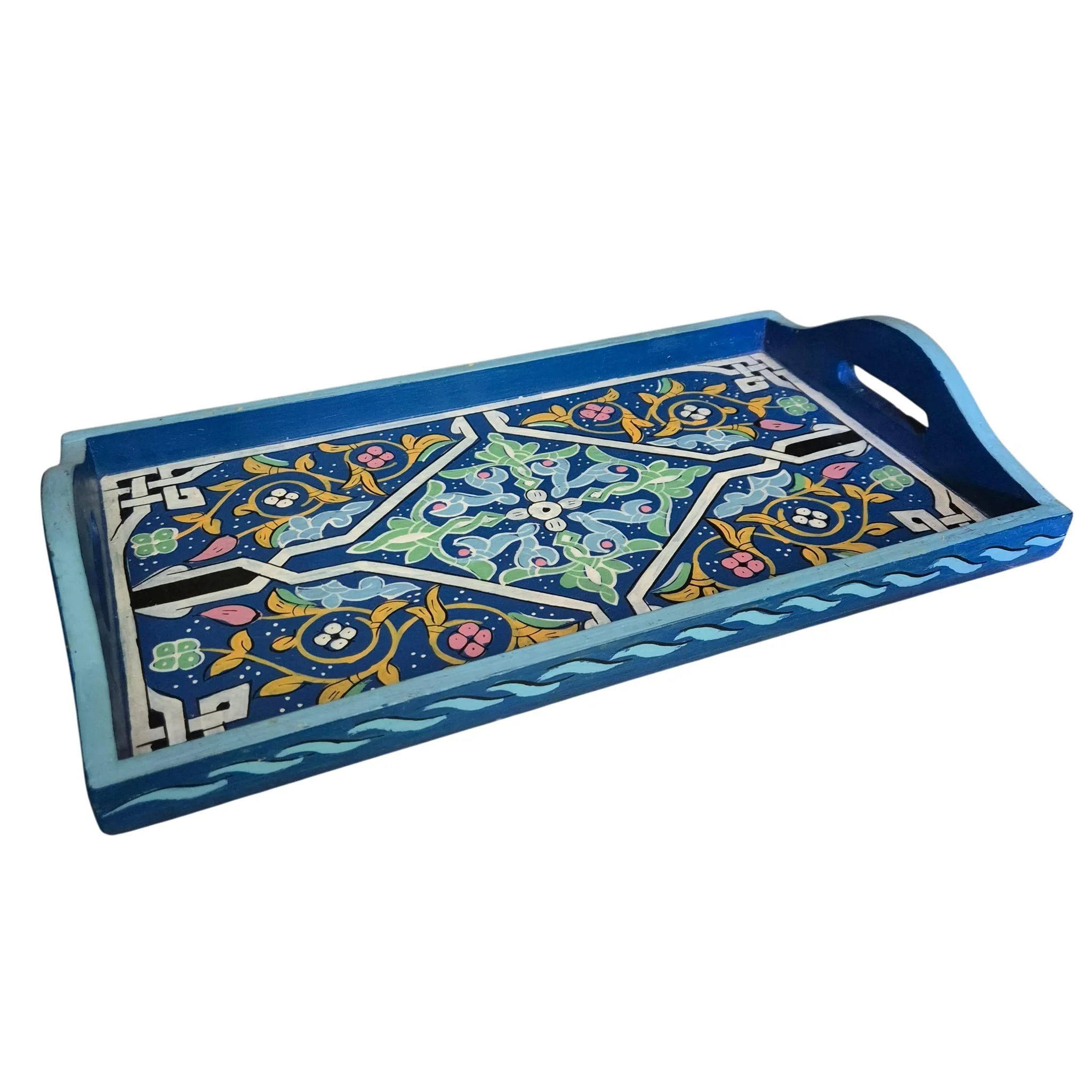 Plateau zouak bleu rectangulaire en bois M