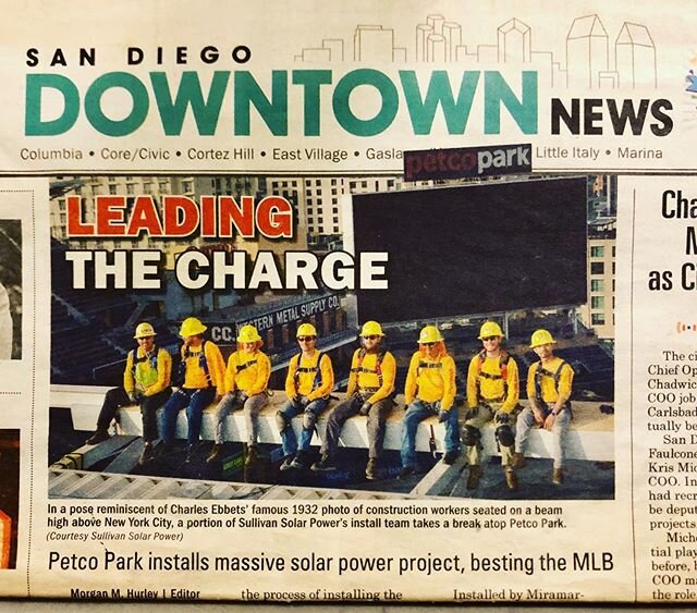 Flashback to the 2018 solar project at Petco Park when I captured this aerial photo emulating Charles Ebbets&rsquo; iconic photo &ldquo;Lunch atop a Skyscraper&rdquo; #PetcoPark #solar #solarpower #mlb #renewableenergy #cleanenergy #sandiegodrone #co