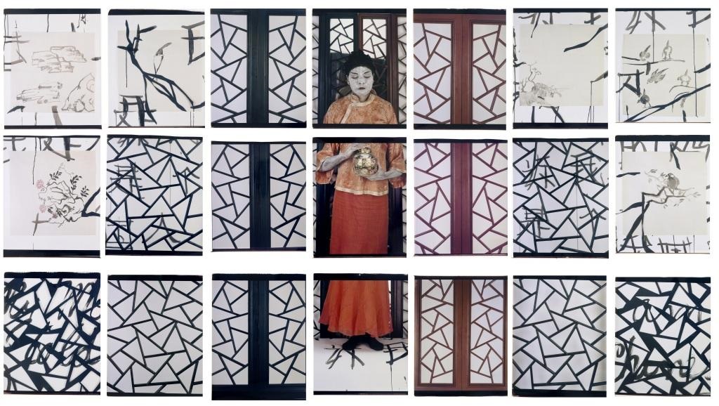  María Magdalena Campos-Pons,  My Mother Told Me I Was Chinese, The Painting Lesson,  2008, Composition of 9, Polaroid Polacolor #7 24 x 20 photograph, 90 x 168 inches (228.6 x 426.7 cm) 