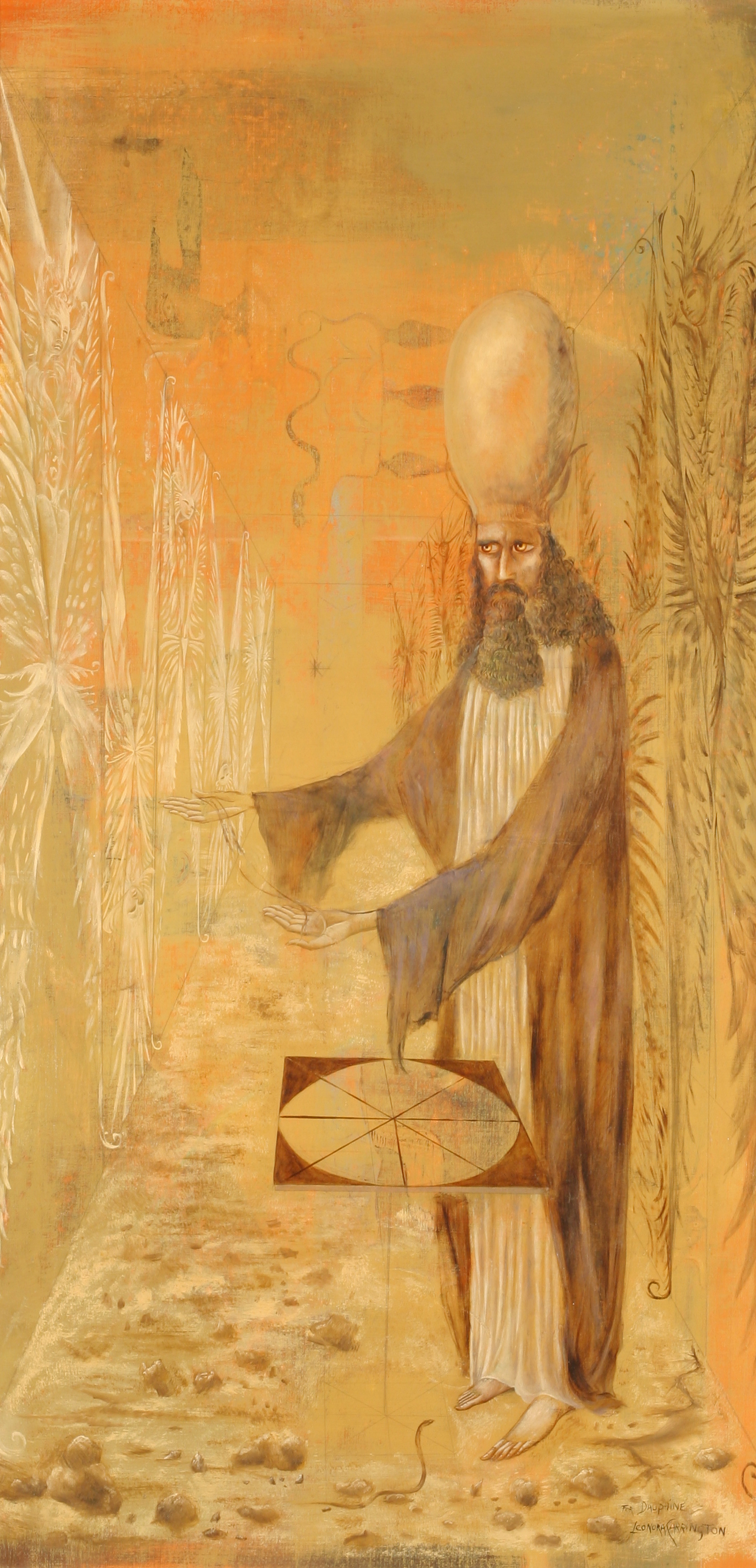Leonora Carrington, Heirophante, Pour Dauphine , 1958, Oil on canvas, 38.5 x 19 inches (98 x 49 cm), © 2019 Estate of Leonora Carrington / Artists Rights Society (ARS), New York