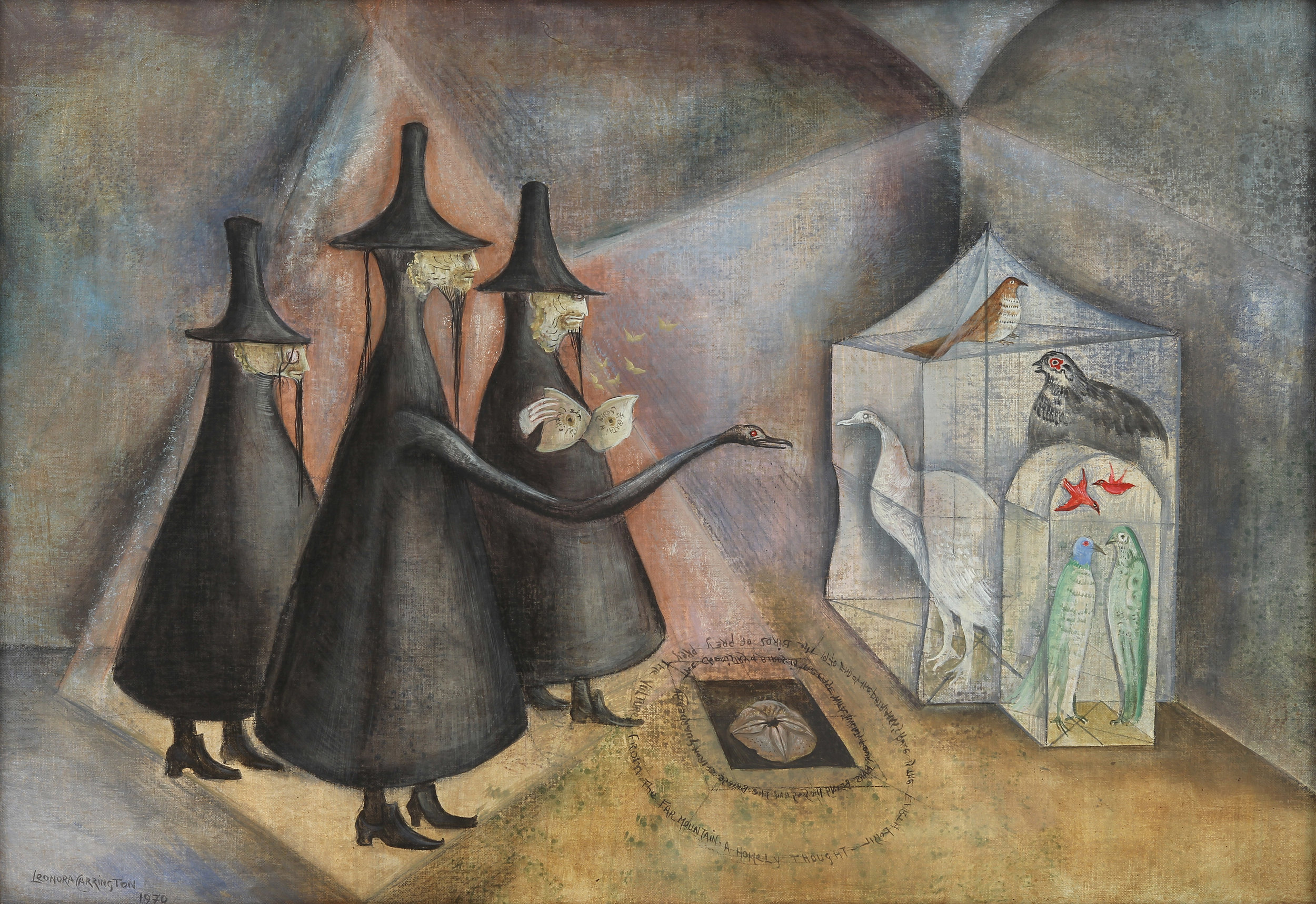  Leonora Carrington,  The Bird Men of Burnley , 1970, Oil on canvas, 17 1/2 x 26 inches (44.5 x 66 cm), © 2019 Estate of Leonora Carrington / Artists Rights Society (ARS), New York 