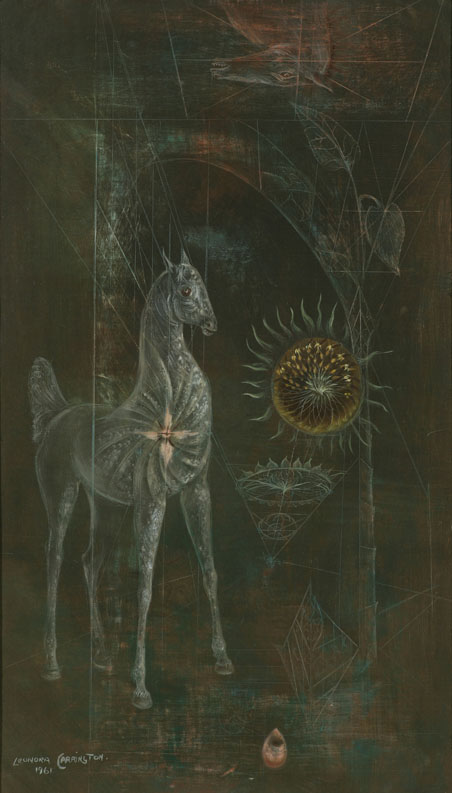 Leonora Carrington, La Jaca , 1961, Oil and gouache on canvas, 20 x 12 inches (51 x 31 cm), © 2019 Estate of Leonora Carrington / Artists Rights Society (ARS), New York