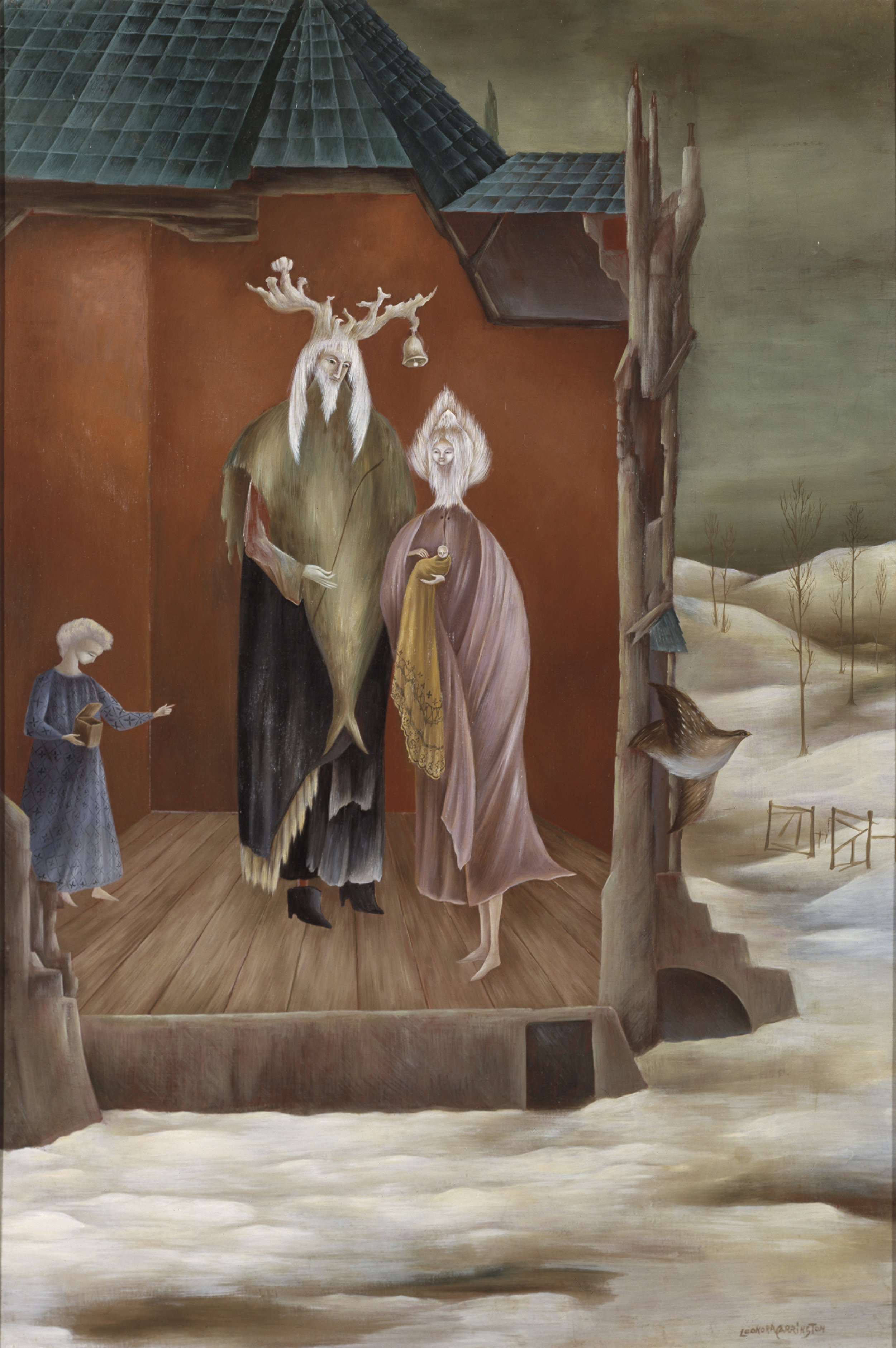  Leonora Carrington,  Le Bon Roi Dagobert , 1948, Oil on canvas, 35 3/8 x 23 5/8 inches (90 x 60 cm), © 2019 Estate of Leonora Carrington / Artists Rights Society (ARS), New York 