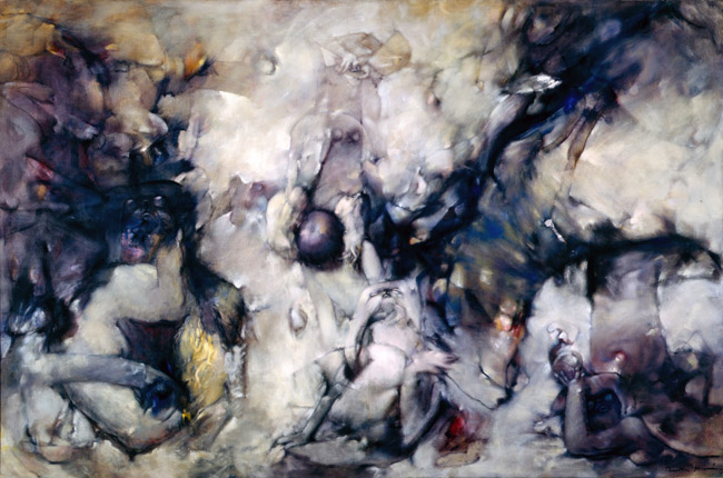  Dorothea Tanning,  Chiens de Cythère (Dogs of Cythera) , 1963, oil on canvas, 77.5 x 117 inches (197 x 297 cm) 