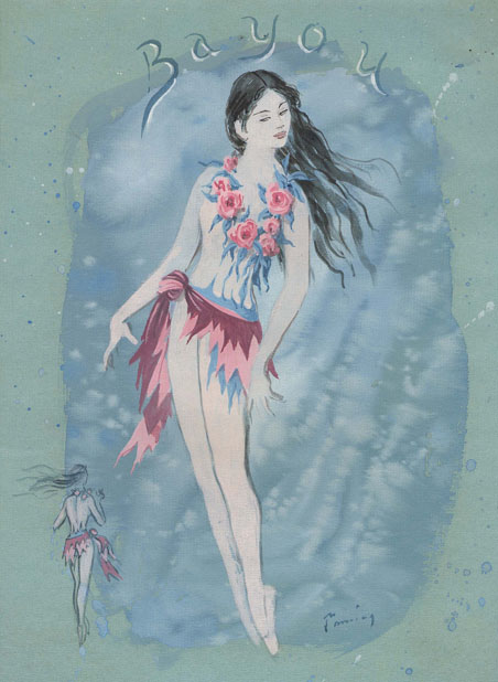  Dorothea Tanning,  Costume Design for Bayou,  1950, gouache on green paper, 12 1/4 x 9 inches (31 x 23 cm) 
