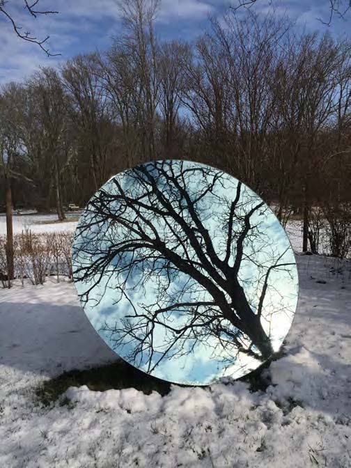  Eva Schlegel,  Cloud Space,  2018, laminated safety glass mirror and stainless steel, mirror: 72 diameter x 1/2 inches, stand: 33 w x 35 d x 39 h inches, edition of 3 