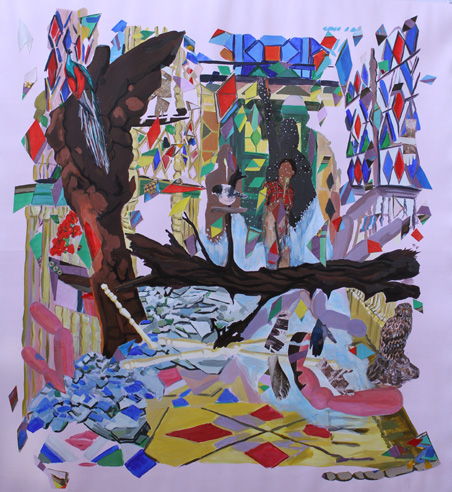  Ranu Mukherjee,  Corridor , 2015, pigment, ink, vinyl, metal lace, and printed matter on paper, 57 x 53.5 inches (144.8 x 135.9 cm) 