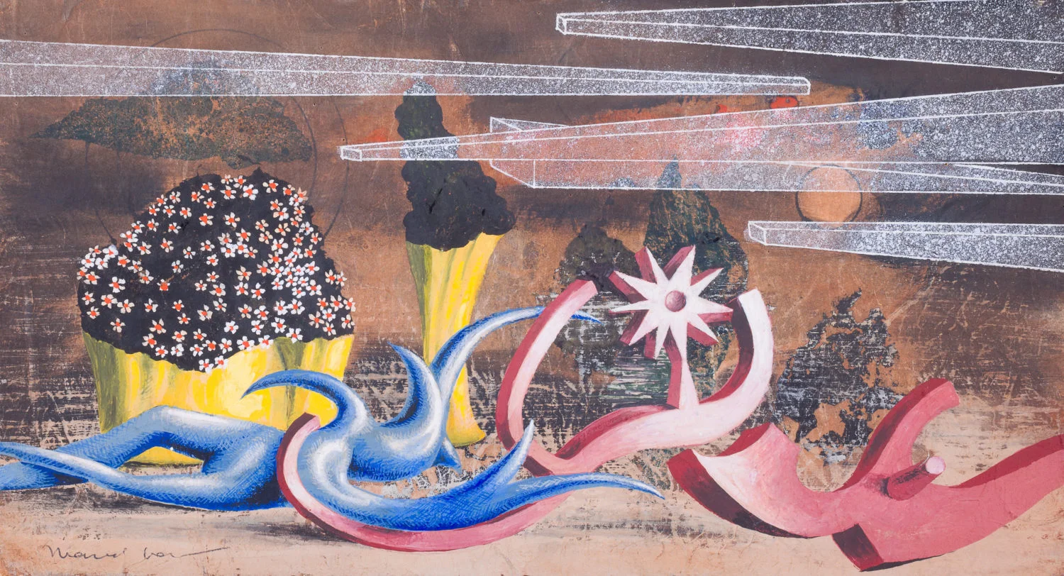 Marcel Jean, Jeux stellaires , 1975, Gouache and flottage on masonite, 7 x 12 3/4 inches (17.8 x 32.4 cm)