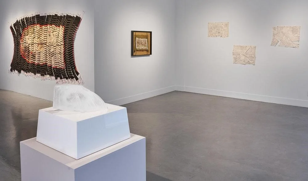EXHIBITION DOCUMENTATION OF ADRIEN SEGAL, GREWINGK GLACIER , 2017, GLACIER WATER (2.25 GALLONS), UNIQUE SILICON CASTING MOLD WITH TWO-PART MOTHER MOLD, AND CUSTOM STONE PLINTH WITH WATCH CATCHMENT. MIGUEL ANGEL RÍOS WORK ON FAR WALL. IMAGE COURTESY OF THE ARTISTS AND GALLERY WENDI NORRIS, SAN FRANCISCO.