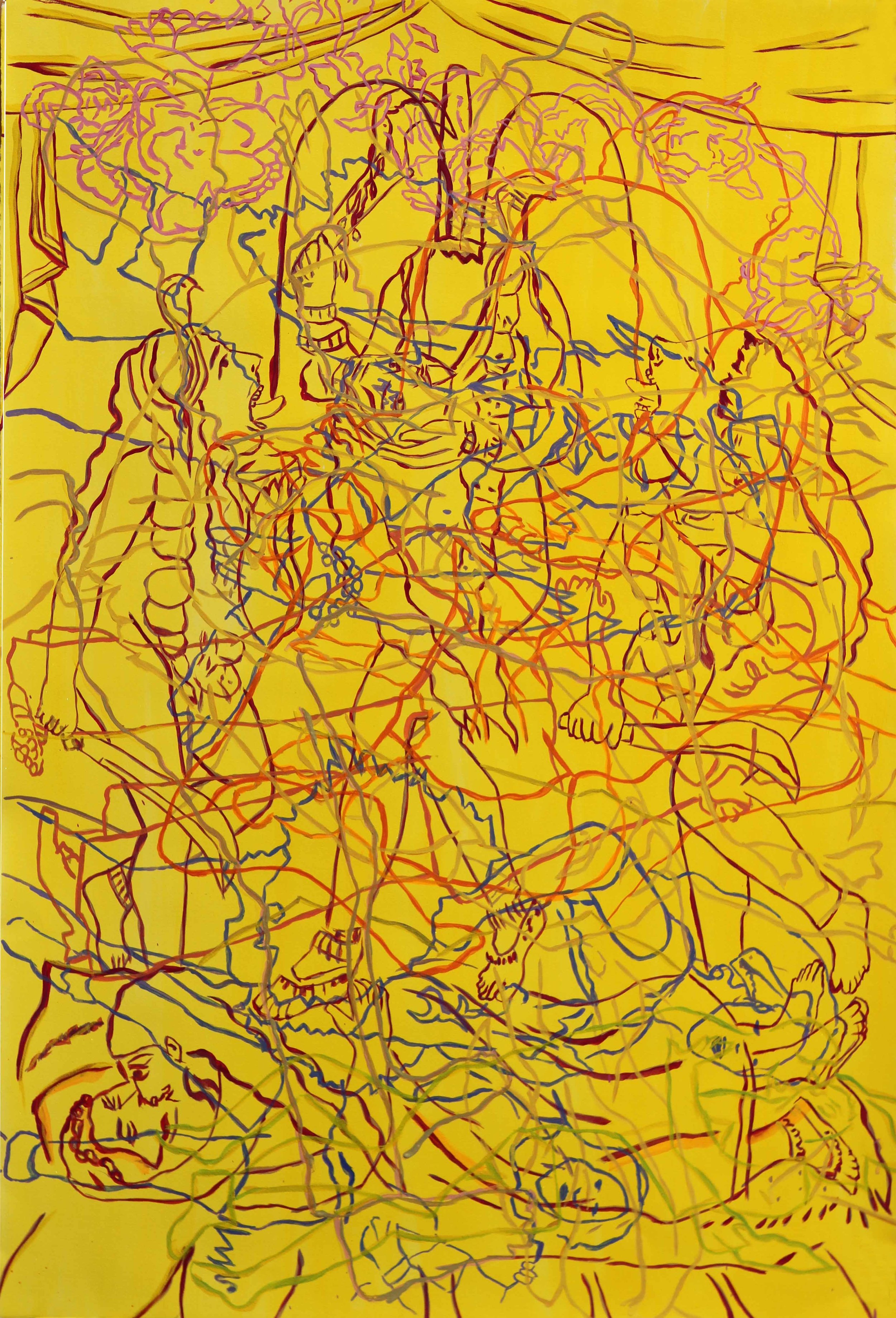  Ranu Mukherjee,  body language , 2017, pigment and milk paint on paper on panel, 44 x 30 inches (111.8 x 76.2 cm) 