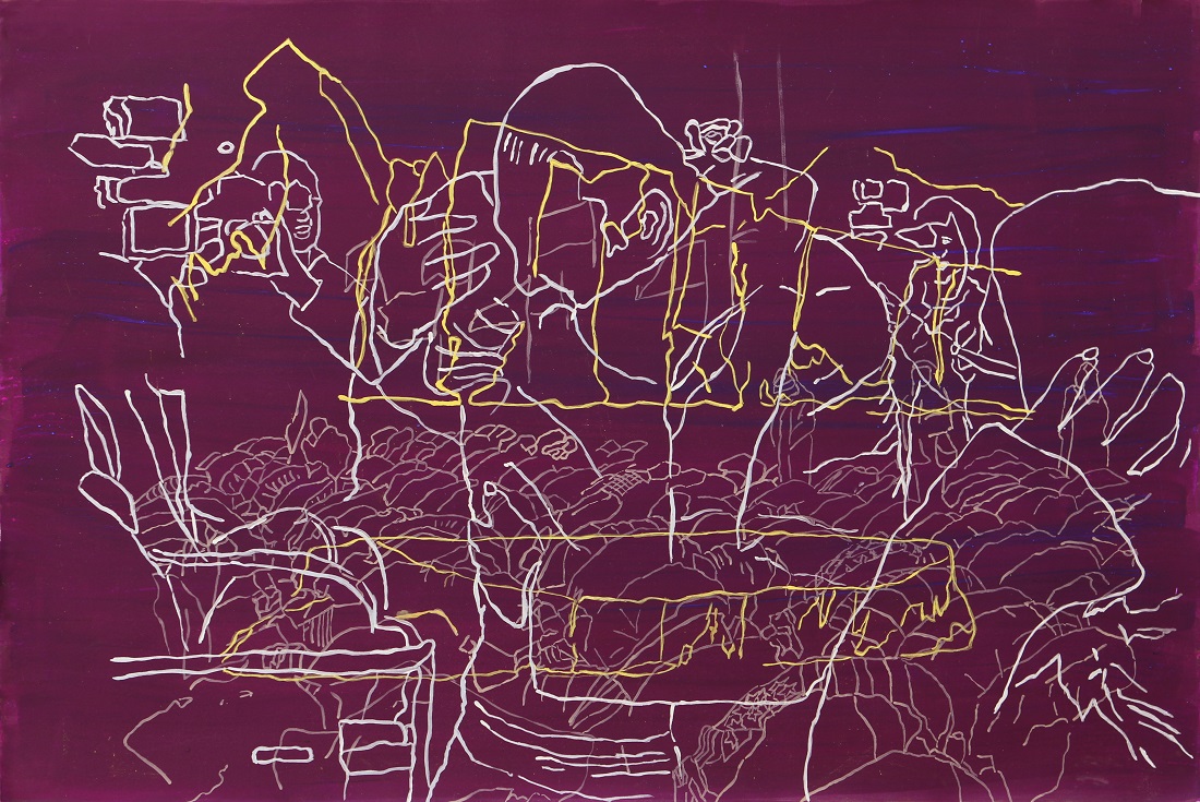 Ranu Mukherjee, love in shadowtime 2, 2017, Pigment and milk paint on paper on panel, 30 x 44 inches (76.2 x 111.8 cm)